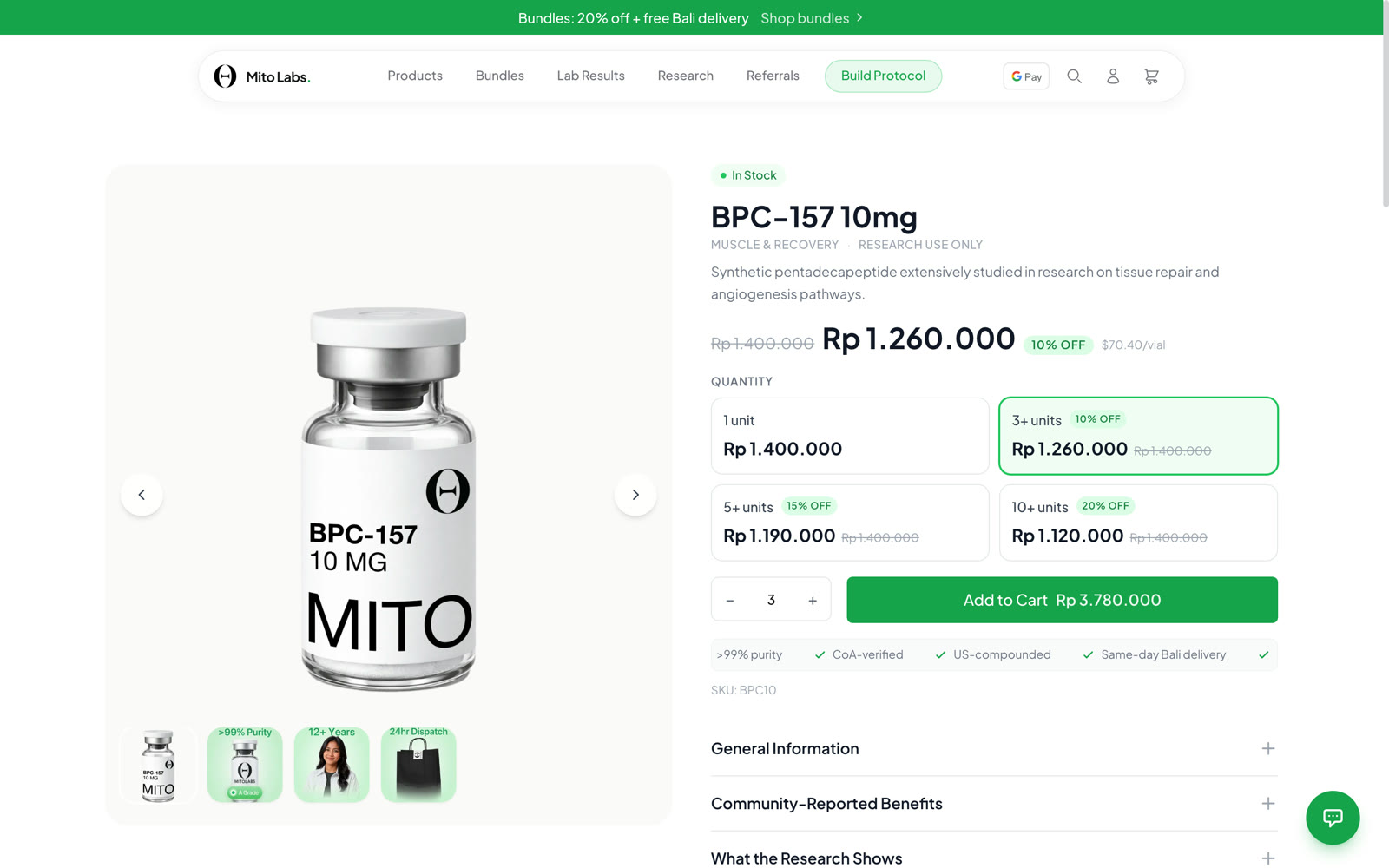 A Mito Labs product page with quantity pricing
