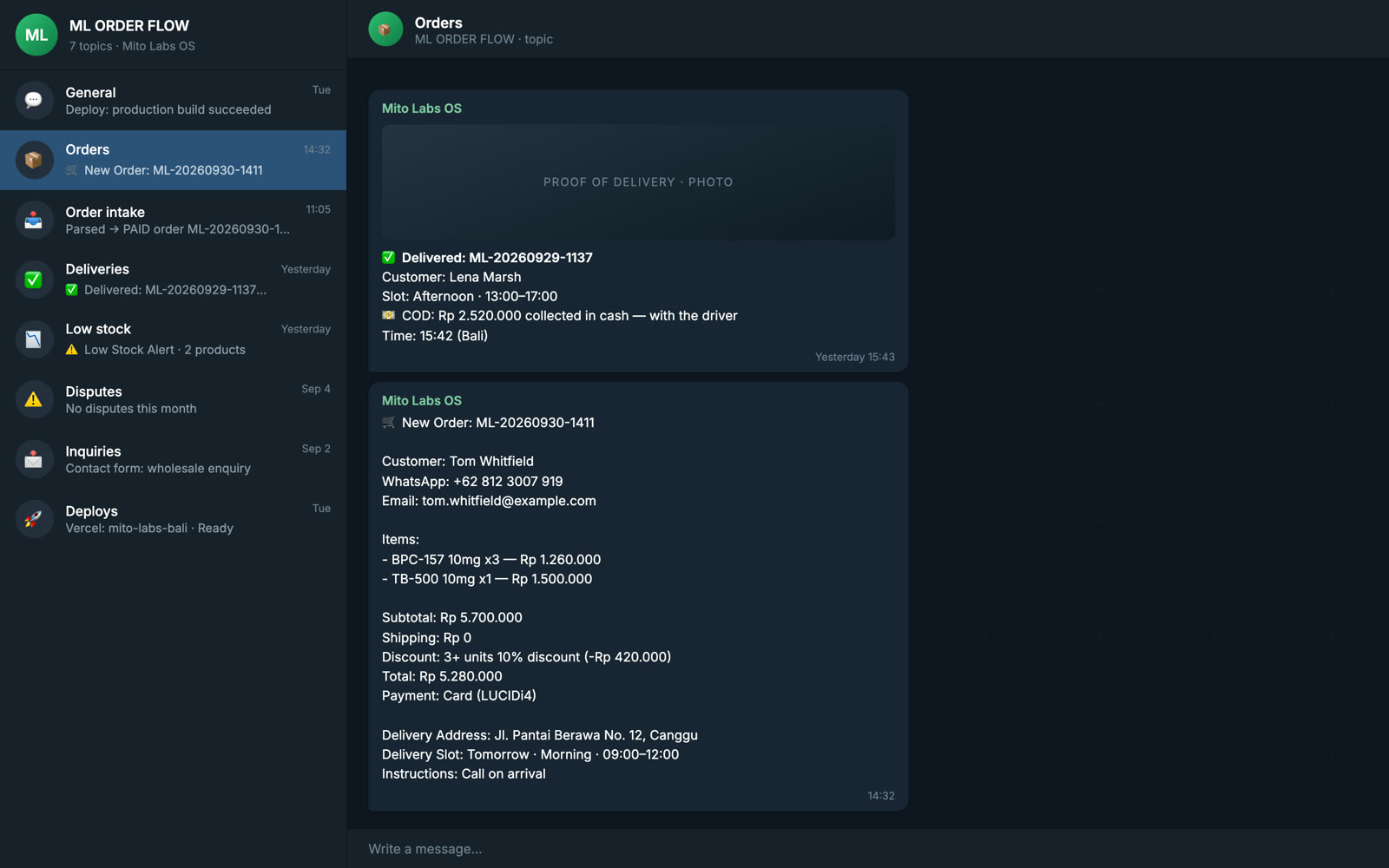 The Telegram group where the system posts new orders, deliveries and low-stock alerts